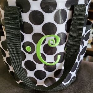Thirty-One Black and White Polka Dot Cosmetic Bag with Green Monogram